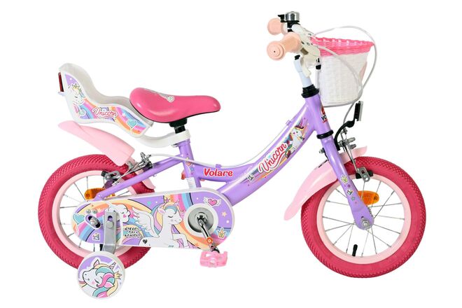 Volare | Meisjes Kinderfiets Unicorn, 12 inch, Paars, Twee handremmen