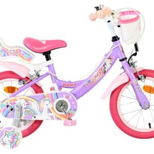 Volare | Meisjes Kinderfiets Unicorn, 14 inch, Paars, Twee Handremmen