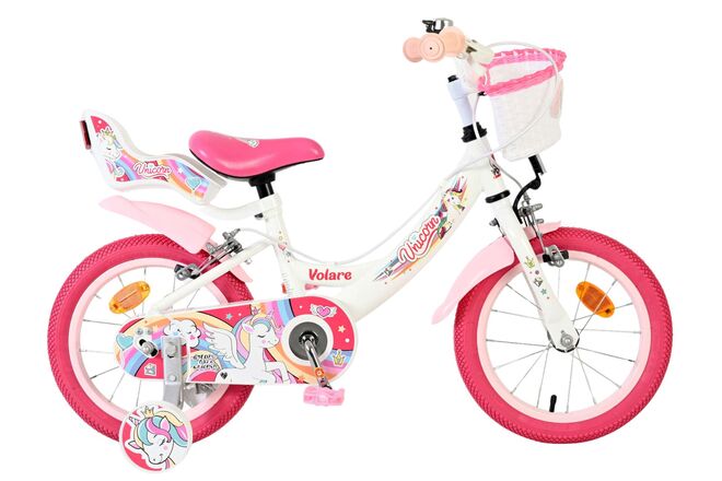 Volare | Meisjes Kinderfiets Unicorn, 14 inch, Wit, Twee Handremmen