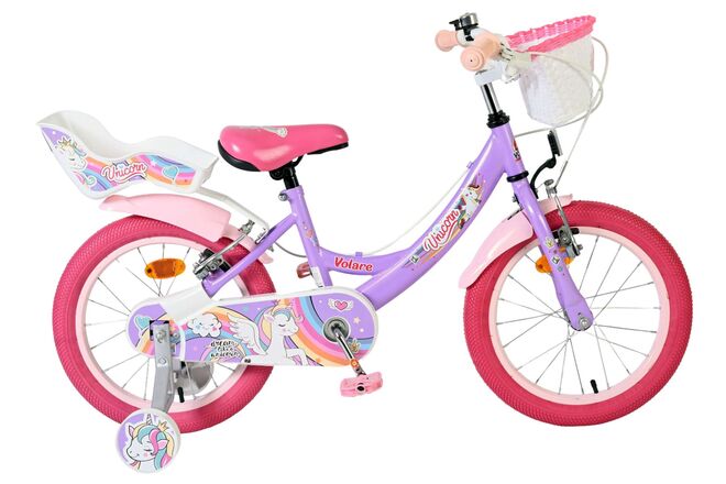 Volare | Meisjes Kinderfiets Unicorn, 16 inch, Paars, Twee Handremmen